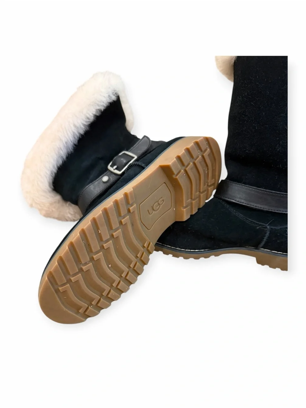 NWOT, UGG, Kids Black Suede Boots with Shearling Trim, Size 4